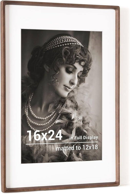 16x24 Poster Frame, USA-Sourced Walnut Wood Picture Frame with HD Tempered Glass, Handcrafted Rounded Corner 16 x 24 Wooden Frame Matted to 12x18 Photos, Horizontal or Vertical Wall Display