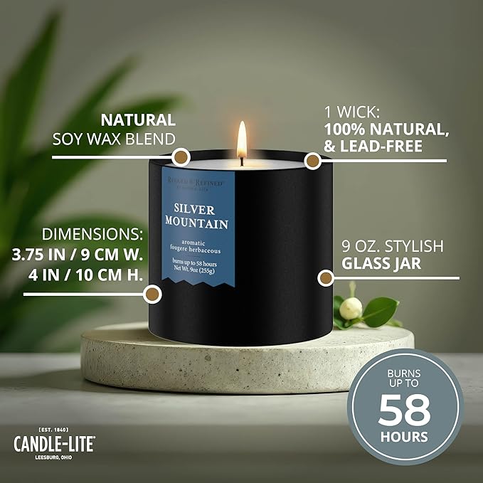 Candle-lite Rugged & Refined Scented Candle for Men, Silver Mountain, 9 oz Tin, Poured in The USA, Masculine Fragrance, 1-Wick, 58 Hours of Burn Time, Ideal Gift for Man in Your Life & Father's Day