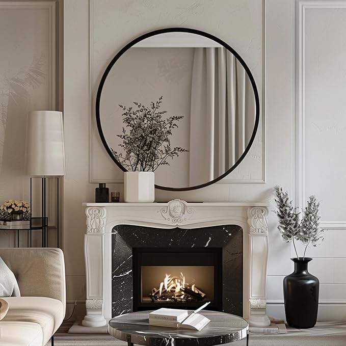 Sunniry Round Mirror 30 inch, Large Round Mirror, Black Circle Mirrors Aluminum Frame, Circle Mirrors for Wall, Bathroom, Living Room, Hallway.