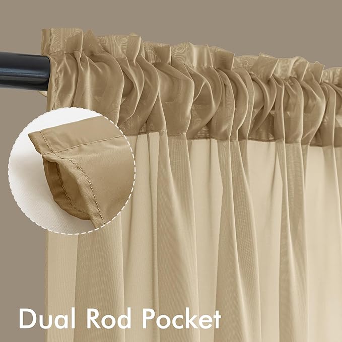 MIULEE Beige Sheer Curtains 102 Inches Long, 4 Panels Set, Light Filtering Rod Pocket Voile Drapes for Living Room and Bedroom, Airy Soft Fabric Window Treatments, 42 x 102 Inches