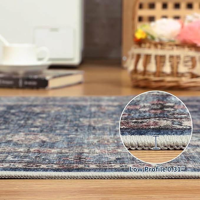 GarveeHome Washable Rugs 8x10 Soft Non Slip Vintage Area Rugs for Living Room Bedroom Stain Resistant Retro Distressed Floor Accent Carpet for Bedroom Dining Room Home Office Denim
