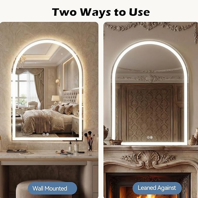 Sweetcrispy 24“×32” LED Bathroom Backlit Mirror with Lights, Arched Vanity Mirror with Anti-Fog, Dimmable, 3-Color Light, Memory Function, Tempered Glass