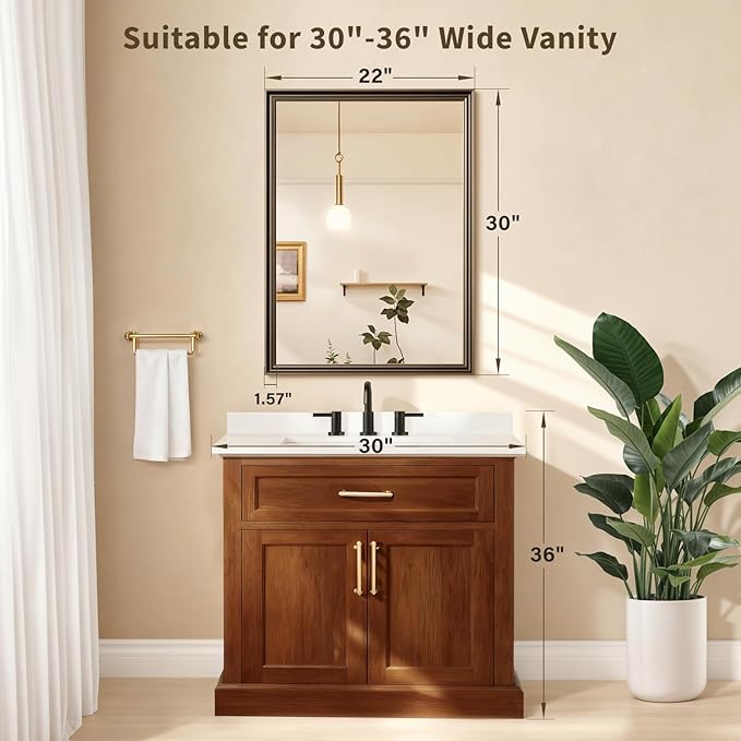 Retro Copper Effect Framed Wall Mirror, 22x30 Rectangle Mirror, Anti-desilvering Tempered Glass, Sustainable& Sturdy Frame, Farmhouse Mirror, Anti-Rust, 3min Fast Setup for Bathroom Living Room
