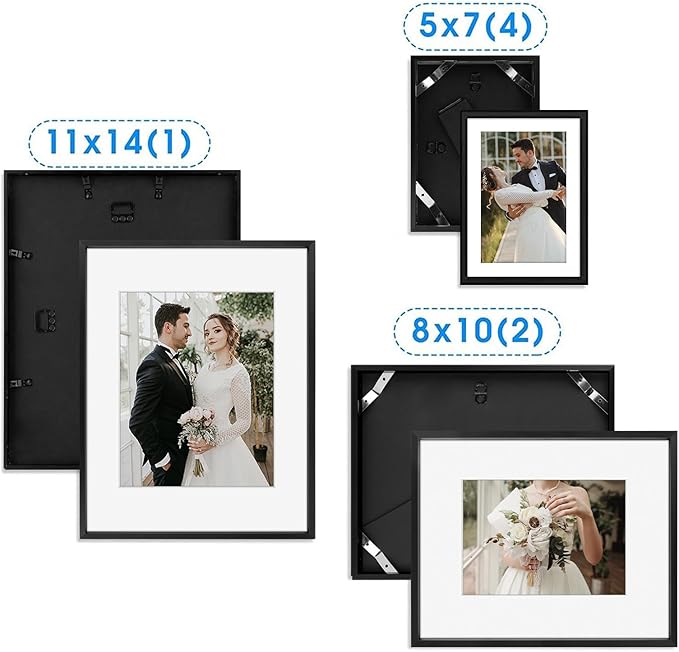 Golden State Art, Picture Frame Set 7 Pack, Gallery Wall Frame with One 11x14, Two 8x10, and Four 5x7. Aluminum Photos Frame for Wall or Tabletop Display (Style 1, Black, 7 Pack)