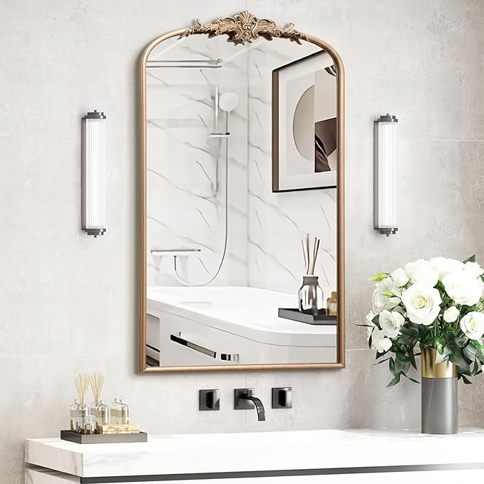 Besdomus Vintage Gold Wall Mirror: 24"x42" French Large Arch Champagne Gold Antique Vanity Wall Mirror - Traditional Ornate Metal Framed for Entryway/Fireplace/Bathroom - Baroque Idea for Housewife
