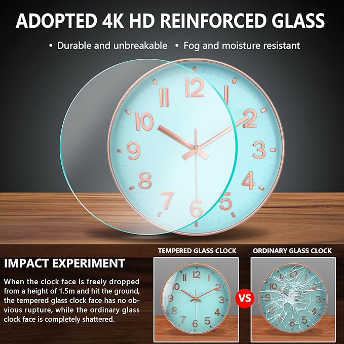 Modern Wall Clock, 10 Inch Digital Wall Clocks Battery Operated, Round Non Ticking Silent Analog Clock for Bedroom Living Room Kitchen Office Gym Classroom Decor, Blue Battery Clock