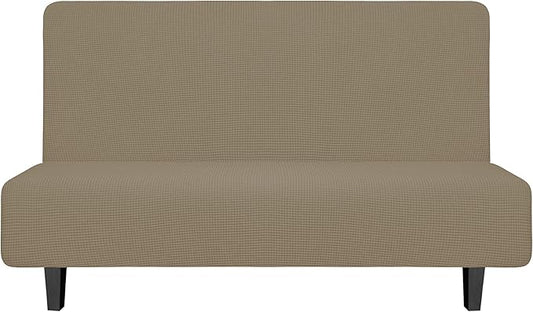 Easy-Going Stretch Futon Slipcover Armless Futon Bed Cover Furniture Protector Without Armrests with Elastic Bottom for Kids, Soft Jacquard Fabric Small Checks (Medium, Natural)
