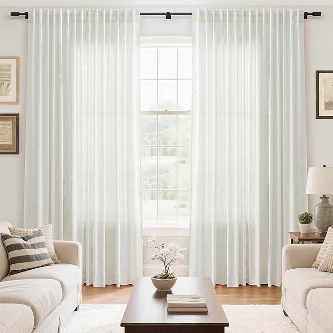 Nanspring Extra Wide 100 Inch Curtains for Living Room 102 Inches Long Linen Farmhouse Sheer Curtains for Sliding Door Beige White Long Curtain for Bedroom Back Tab and Rod Pocket 100x102,2 Panels