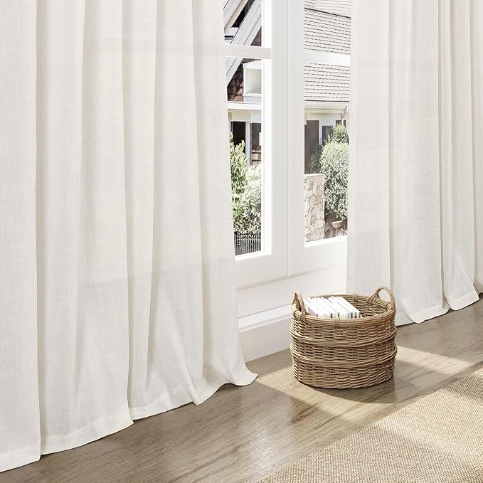 Nanspring 54 Inch Linen Curtains for Living Room Bedroom Semi Sheer Light Filtering Curtains Panels Back Tab and Rod Pocket Coastal Decor Neutral Curtain Drapes, 2 Panels 40 x 54 Inch