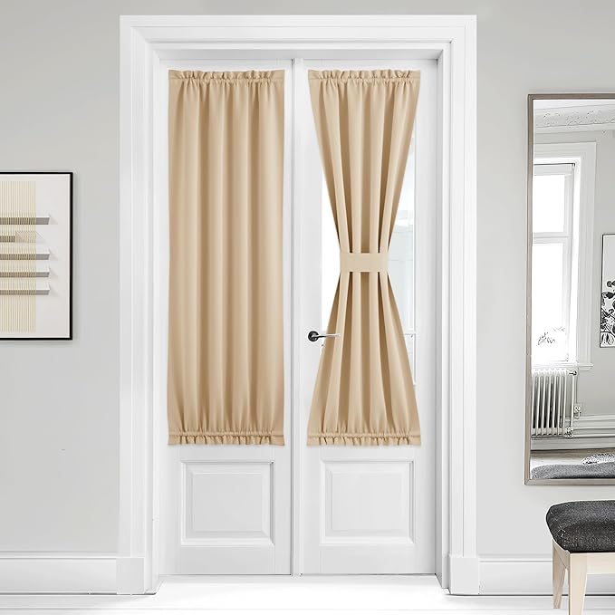 NICETOWN Farmhouse Door Window Curtains for French Front Door, Country Rustic Thermal Insulated Shade for Patio Sliding Glass, Single Panel with Tieback, 36" W x 64" L, Biscotti Beige