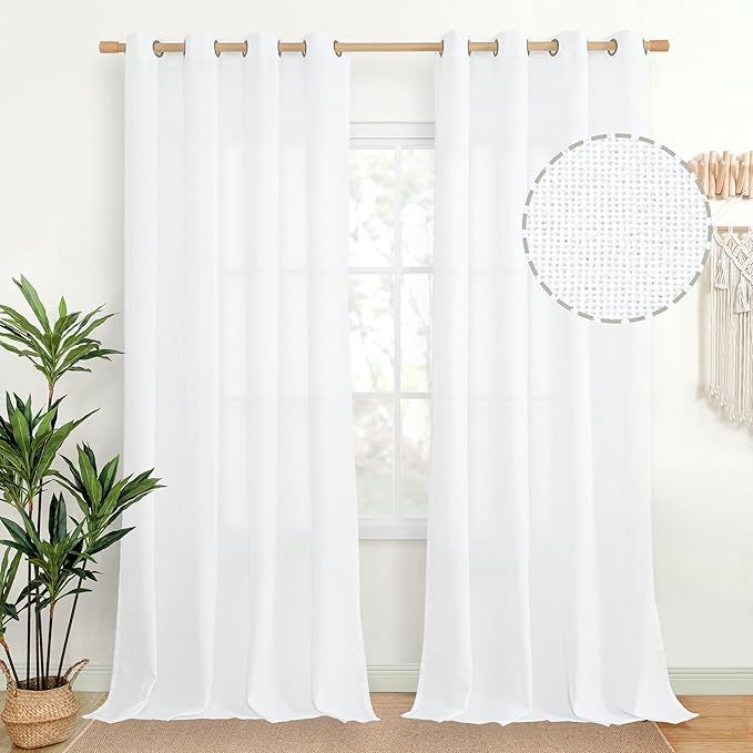 YoungsTex Extra Long White Linen Curtains 95 inches Length for Living Room, Textured Semi Sheer Window Treatments with Bronze Grommet Light Filtering for Bedroom Dining, 52 X 95 Inch, 2 Panels