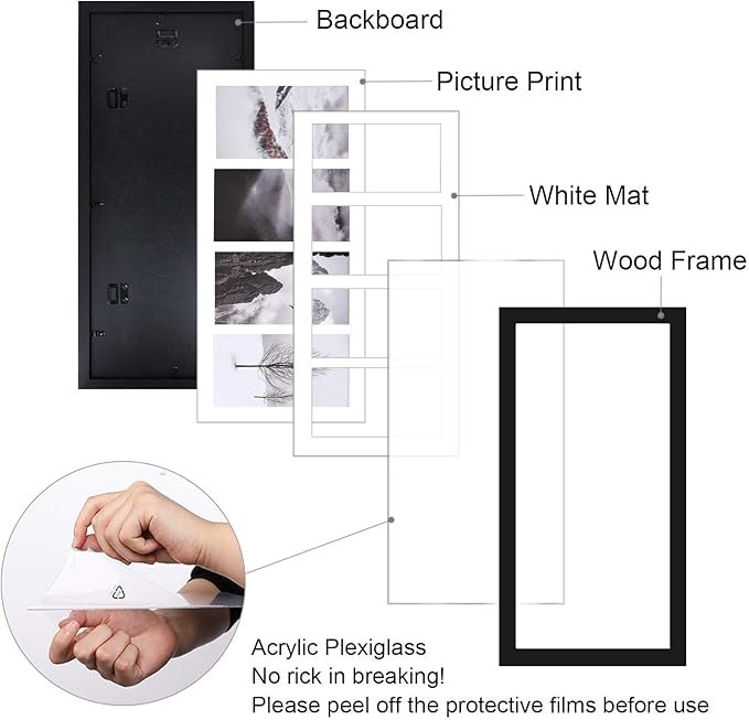 Egofine 8x20 Picture Frames Set of 2, with 4 Opening for 4x6 Pictures, Display Multiple 4x6 Pictures, Wood Collage Frame Covered by Plexiglass Wall Mounting Horizontal or Vertical, Black