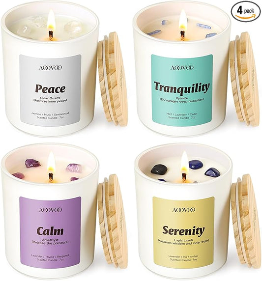 AOOVOO Stress Relief Candles Set for Women - 4 Pack Candles for Home Scented, 28 oz 200 Hour Burn, Aromatherapy Candle with Crystals, Peace/Tranquility Kyanite/Calm Amethyst/Serenity, Lapis Lazuli