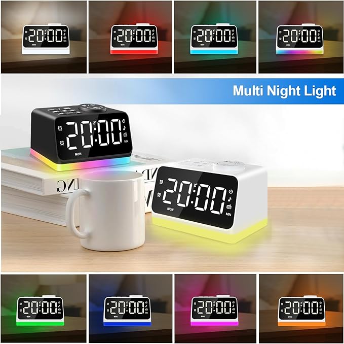 JALL Digital Alarm Clock with FM Radio for Bedroom, 8 Colors Night Light with Charging Port, Sleep Sound Machines with Timer, Dual Alarm (White with White Font) - Image 4