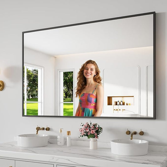 Koonmi Bathroom Mirror 36x55 Matte Black Rectangle Bathroom Mirror for Over Sink, Modern Large Vanity Mirror, HD Tempered Glass, Anti-Rust Aluminum Alloy Frame, for Living Room, Bedroom, Entryway