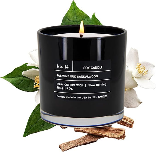 Lulu Candles | Jasmine, Oud & Sandalwood | Luxury Scented Soy Jar Candle | Hand Poured in The USA | Highly Scented & Long Lasting (9 Oz.)