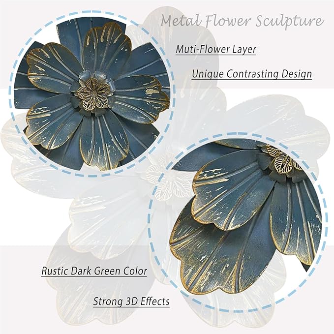 Metal Flower Wall Sculpture, 9.5" Rustic Modern Floral Artwork, Distressed 3D Layered Vintage Iron Flower Wall Hanging Accent for Indoor Kitchen, Bedroom Living Room Office Outdoor Garden Patio Decor (Retro blue)