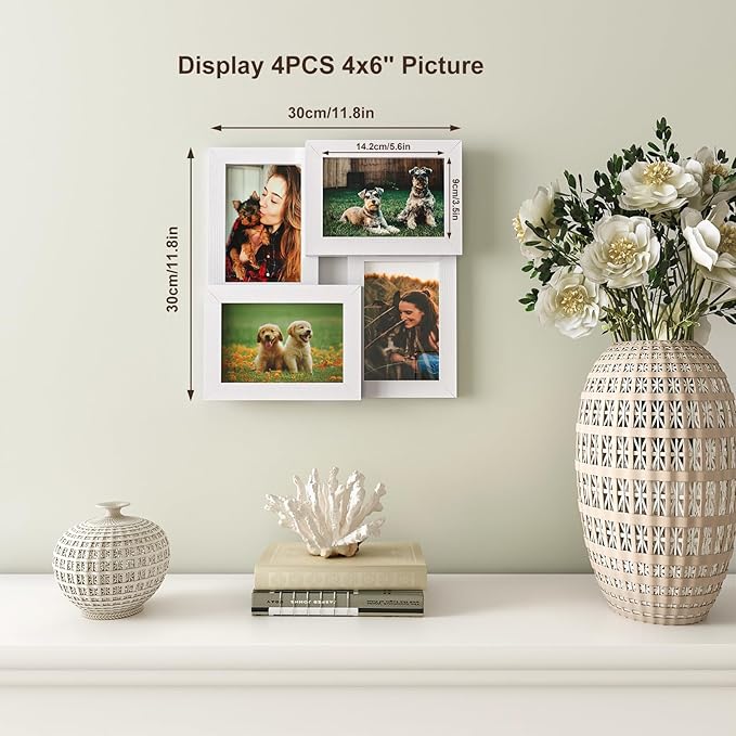 Egofine 4x6 Family Picture Frame Collage, for 4x6 pictures Covered by Plexiglass for Wall Hanging and Tabletop, 4-opening Dimensional Picture Frame for Home Deor, White