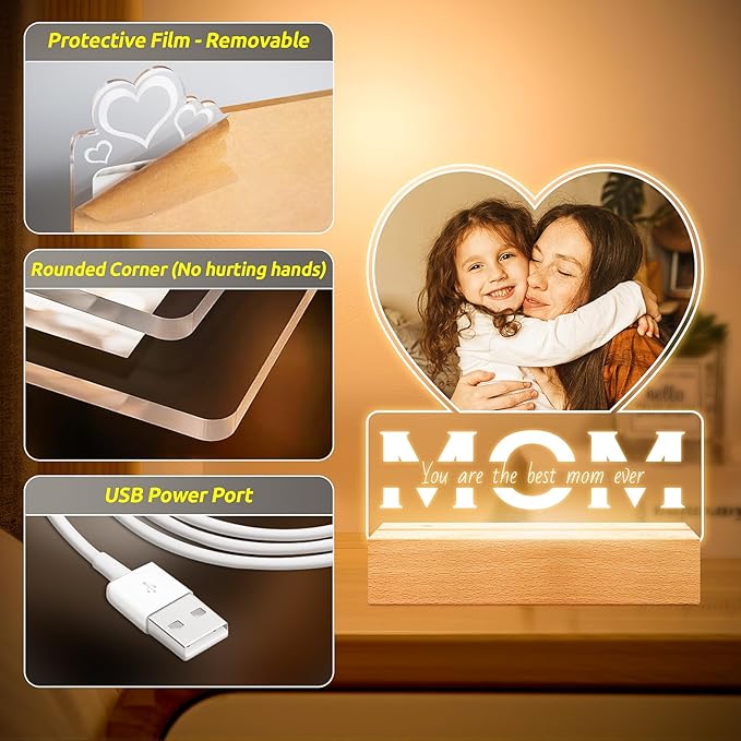 Personalized Gifts for Mom from Daughter and Son, Custom Picture Frames with Photo, Personalized Photo Frame with Night Light, Customized Mom Birthday Gifts