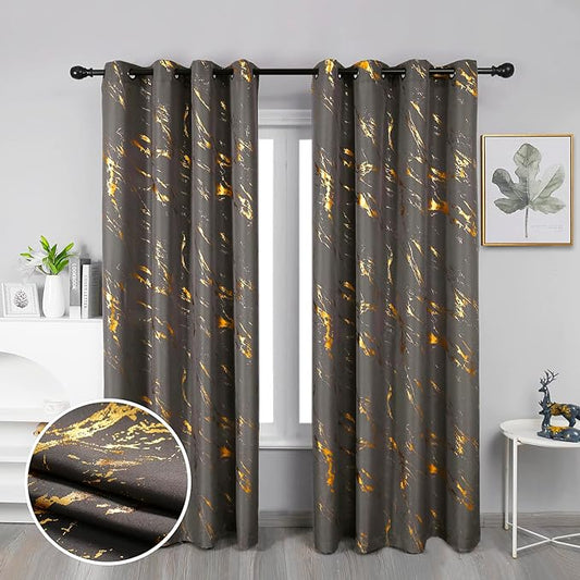Taisier Home Gold Foil Print Linen Textured Curtains Geometric Marble Pattern Design Curtains for Living Room Light Filtering Window Treatment 2 Panels 95" L,Dark Grey and Gold Curtain Print