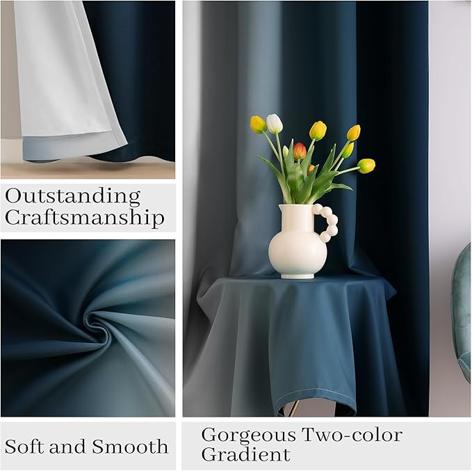 COSVIYA 100% Blackout Ombre Navy Blue Curtains for Bedroom with White Back,2 Thick Layers Thermal Insulated Room Darkening Grommet Window Drapes, 52x63 Inch, 2 Panels