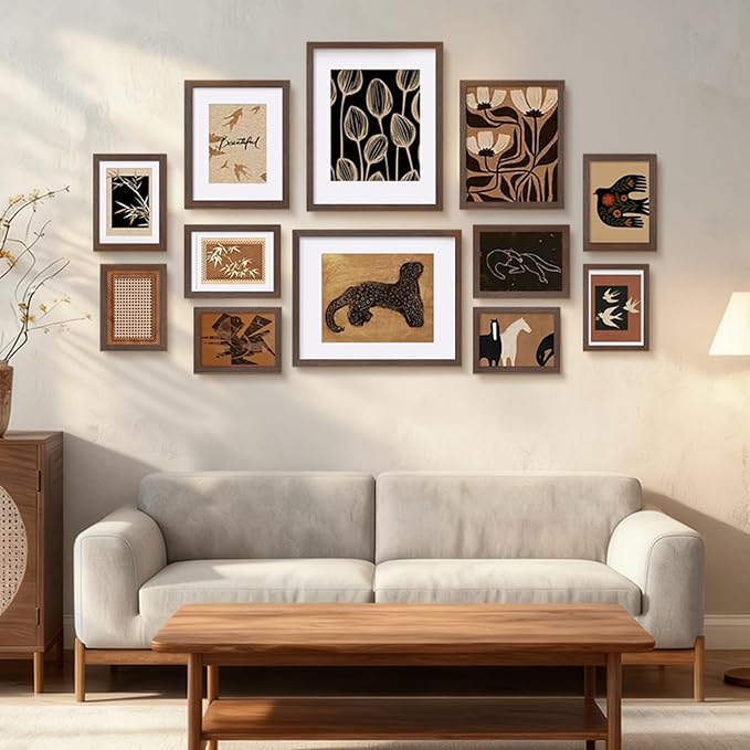 Egofine Picture Frame Set 12 Pack, Picture Frames Collage Wall Decor with Two 11x14, Two 8x10, Four 5x7, Four 4x6 for Wall and Tabletop, Made of Solid Wood, Covered by Plexiglass, Rustic Brown