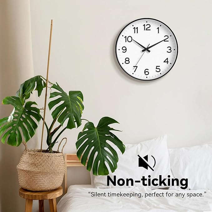 Wall Clock 10 Inch Silent Wall Clocks Battery Operated-Modern Non Ticking Analog Clock Decorative for Kitchen Bedroom Office (Black)