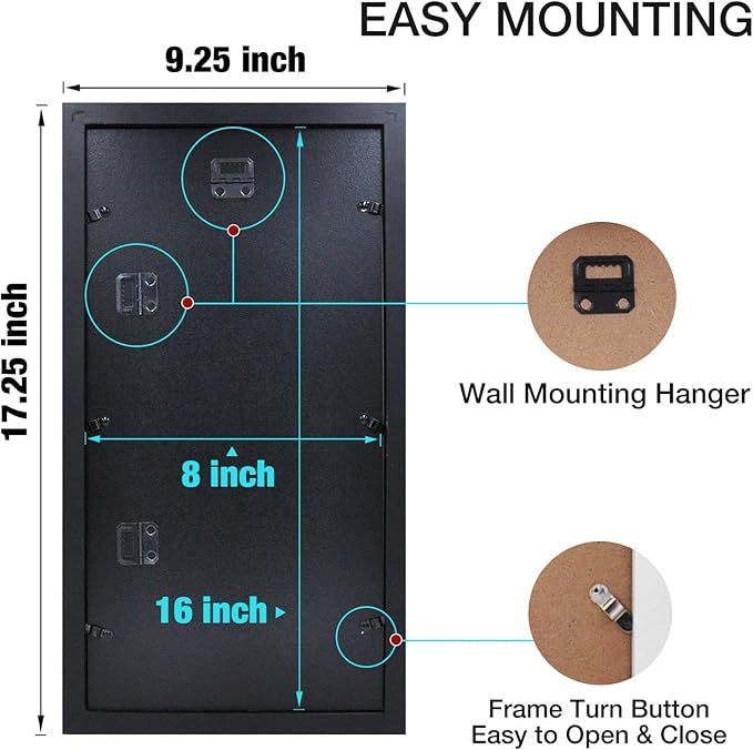 Egofine 8x16 Collage Picture Frame Set of 2, Display Multiple Three 5x7 Pictures or 8x16 without Mat - Made of Solid Wood with Plexiglass - Horizontal and Vertical Formats for Wall, Black