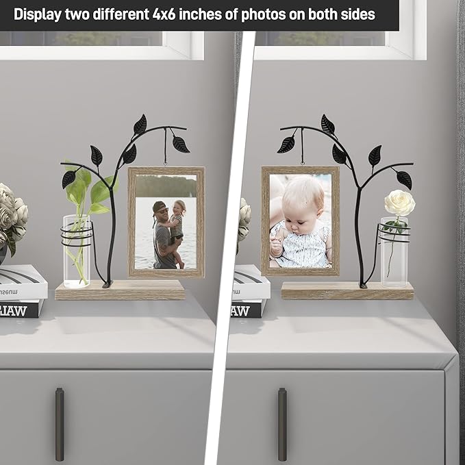 Sapowerntus 4x6 Picture Frames, Rustic Family Desk Photo Frame, Flowers Plants Floating Double-Sided Glass Vase Office Tabletop Standing Decor, Mother Wedding Cute Dog Unique Gift