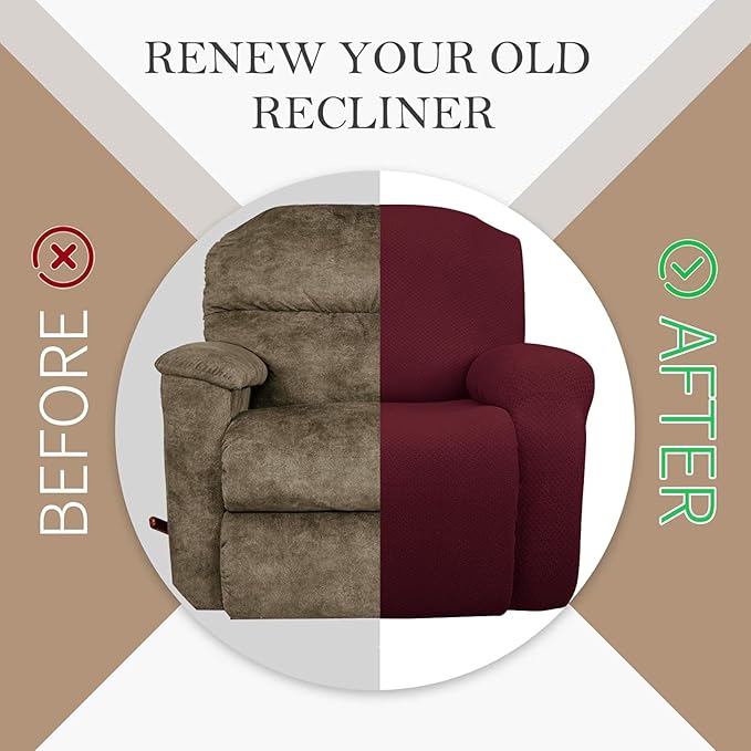 JIVINER 4-Piece Recliner Chair Covers Stretch Jacquard Covers for Reclining Chair Recliner Slipcovers for Living Room Soft Recliner Protector with Pocket (Recliner, Wine Red)