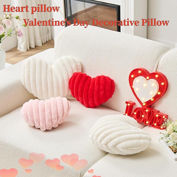 2Pcs Heart Pillow Red White Throw Pillows Decorative Pillows.Heart Shaped Throw Pillows for Bed Couch Chair Bedroom Room.Cute Small Pillow for Valentines Day Women Valentine Wedding Home Decor