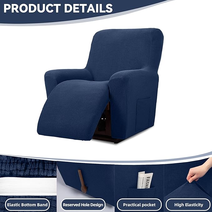 Cupuamon Recliner Chair Covers,Lazy Boy Recliner Covers Stretch Reclining Covers 1 Piece Furniture Protector with Elastic Bottom for Dog,Kids-Navy