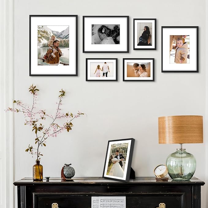 Frametory, Aluminum Picture Frames Set of 7 - Black Gallery Wall Kit - Displays One 11x14, Two 8x10, and Four 5x7 inch Photos for Home Decoration