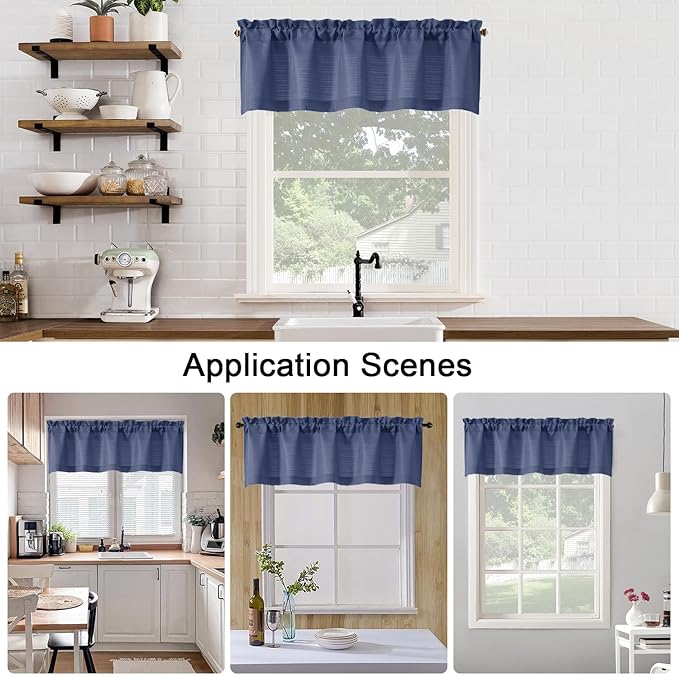 Chyhomenyc Bennet Blue Valance for Windows, Faux Linen Slub Textured Semi Sheer Small Window Kitchen Valance Curtain, Rod Pocket Cafe Valance for Bathroom Laundry Basement, 30Wx14L inch, 2 Piece