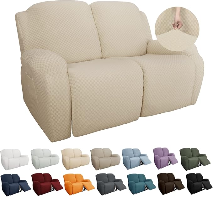 YEMYHOM 6 Pieces Stretch Loveseat Recliner Slipcover Jacquard Recliner Sofa Cover with Side Pocket Fitted Recliner Cover Couch Furniture Protector with Elastic Bottom (Loveseat Recliner, Beige)