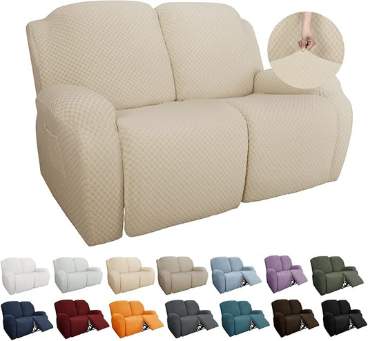 YEMYHOM 6 Pieces Stretch Loveseat Recliner Slipcover Jacquard Recliner Sofa Cover with Side Pocket Fitted Recliner Cover Couch Furniture Protector with Elastic Bottom (Loveseat Recliner, Beige)