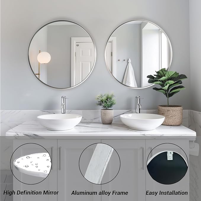 Sunniry Silver Circle Mirror, Round Mirror 20 inch, Round Wall Mirrors with Aluminum Frame, Circle Mirrors for Living Room, Bathroom, Wall, Hallway.