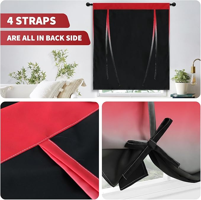 COSVIYA 100% Blackout Red and Black Adjustable Tie Up Curtains for Kitchen Thermal Insulated Room Darkening Valance Rod Pocket Balloon Roman Shade for Small Window,48" L x 42" W, 1 Panel