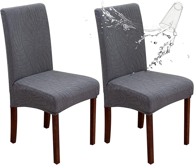 Genina Waterproof Chair Covers for Dining Room, Stretch Jacquard Dining Chair Slipcovers Removable Washable Chair Protector for Kitchen, Hotel, Restaurant (Leaves-Dark Gray, 2 PCS)