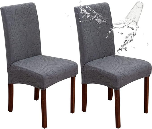 Genina Waterproof Chair Covers for Dining Room, Stretch Jacquard Dining Chair Slipcovers Removable Washable Chair Protector for Kitchen, Hotel, Restaurant (Leaves-Dark Gray, 2 PCS)