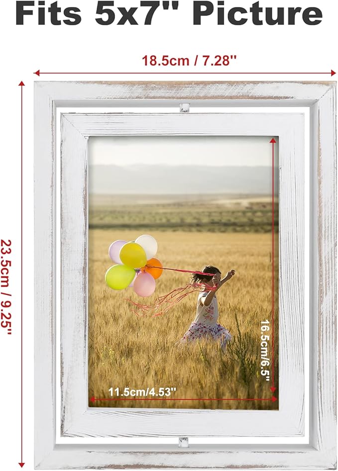 Egofine 2 Pack 5x7 Rotating Floating Picture Frames,Double-Sided Display with HD Glass Front Wooden Distressed Frame for Vertical or Horizontal Tabletop Display, White