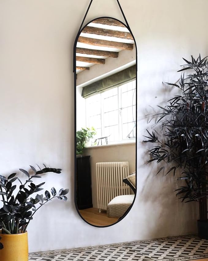 OGCAU 48'' x 16'' Full Length Mirror Wall-Mounted, Full Body Hanging Mirror for Wall and Door in Bedroom, Living Room, Oval with Straps, Hanging with Aluminum Alloy Frame (Oval Black)