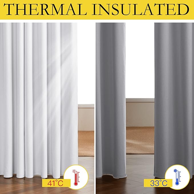 NICETOWN Truly Blackout Linen Blend Flax Drapes for Office, White, Set of 2, 62 inches Wide x 63 inches Long, Vintage Grommet 100% Blackout Curtains with White Liner Backing for Kitchen Dorm Window