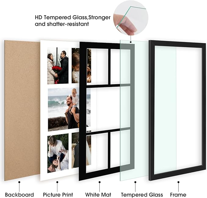 Golden State Art, 12x24 Black Wood Picture Frame - Black Mat for 8x10 and 5x7 Photos - Real Glass, Sawtooth Hanger, Swivel Tabs - Wall Mounting - Great for Posters, Weddings, and Engagements