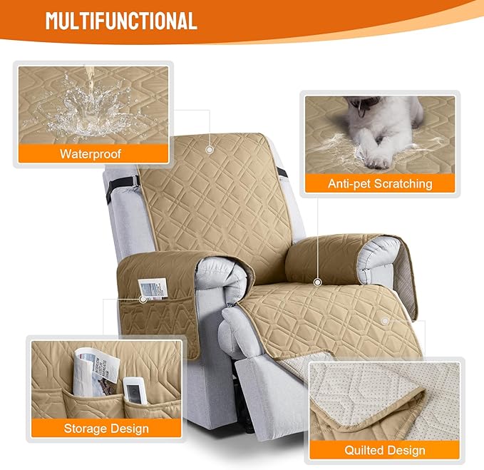 VANSOFY 100% Waterproof Recliner Chair Covers, Recliner Cover Non-Slip Dog Chair Cover Furniture Protector Washable Slipcover with Pocket, Elastic Straps for Pets, Dogs(Sand, 25")