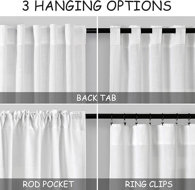 Nanspring Extra Long Linen Curtains 136 Inches Long for Dinning Room 2 Panels Set White Back Tab Rod Pocket Light Filtering Semi Sheer Drapes Linen Textured Window Curtain for Bedroom 52x136