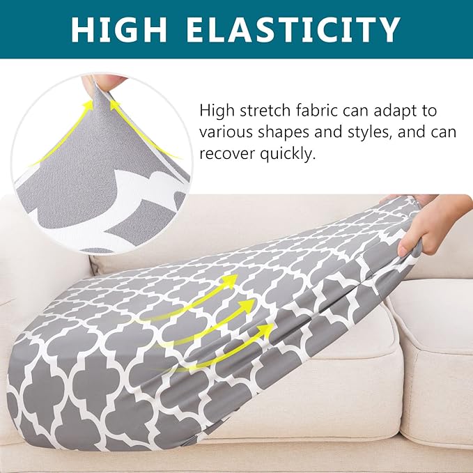 hyha Printed Couch Cushion Covers, Floral Sofa Covers Washable for 3 Cushion Couch, Stretch Pattern Outdoor Cushion Covers for Patio Furniture with Elastic Bottom(Large, Moroccan Light Gray)