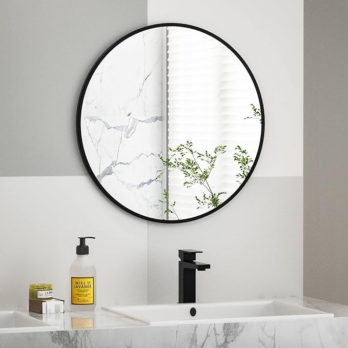 HARRITPURE Round Mirror 23.6" Black Wall Mounted Circle Mirror with Aluminum Alloy Frame Modern Design for Bathroom, Living Room, Vanity, Bedroom, Entryway