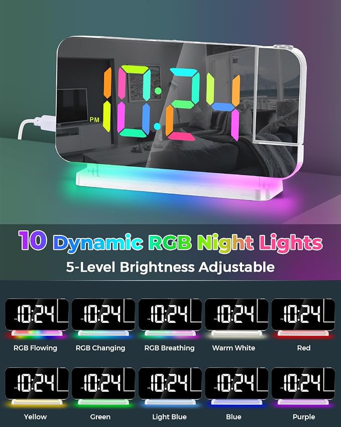 SZELAM Projection Alarm Clock,7.4" LED Mirror Digital Clocks Large Display,with 180° Rotatable Projector,RGB Night Light,USB C Port,Auto Dimming,Modern Desk Clock for Bedroom Decor - White - Image 4