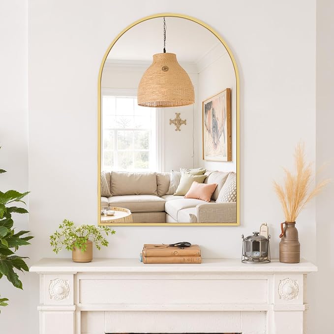 Arched Wall Mirror 36x24 Inch Gold Bathroom Vanity Mirror with Metal Frame, Modern Arch Mirror for Bedroom, Living Room, Entryway, Wall Mounted Decorative Mirror